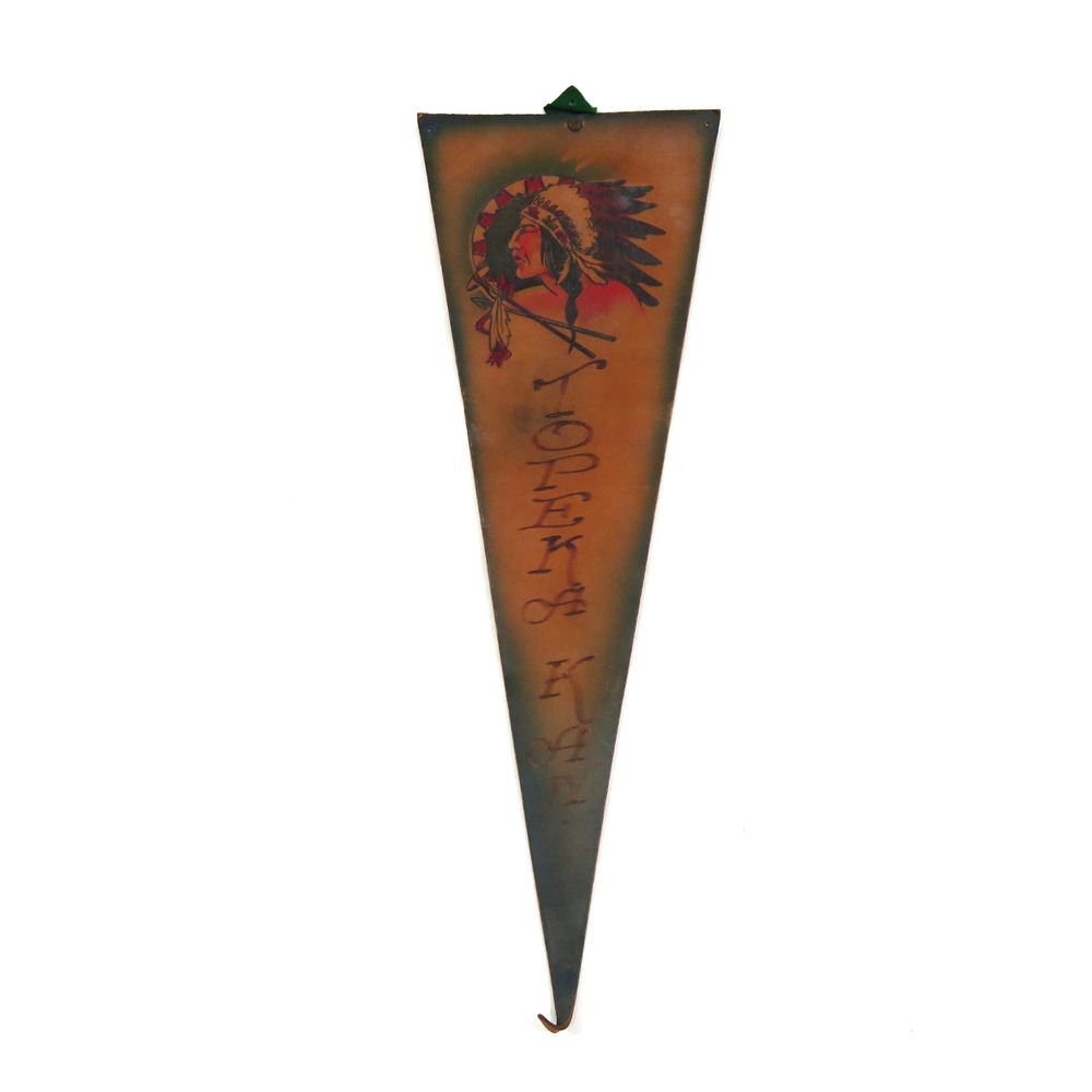 Leather Topeka Kansas W/ Indian Warrior Chief Head Graphic Pennant 15x5